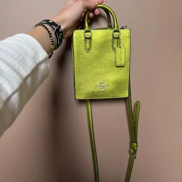 Coach North South Mini Tote Bag in a metallic neon green pebbled leather NWOT - Picture 2 of 8